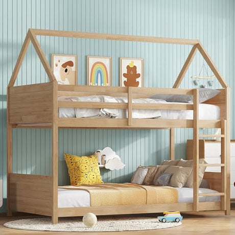 Ball & Cast Twin Over Twin House Bunk Bed for Kids,Rubber Wood Bunk Bed with Headboards, Footboards and Guardrails, Ladder,Twin Size House Shaped Bunk-Bed, No Box Spring Needed,White Oak Ball & Cast
