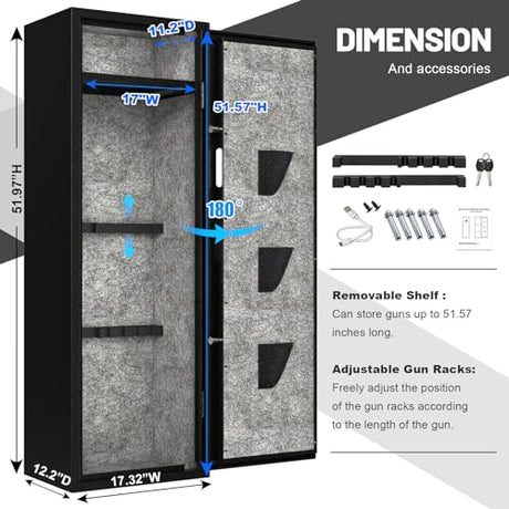 EMAXEE 7-8 Biometric Gun Safe Rifle, Large Gun Safes for Home Rifle and Pistols with Upgraded Control Panel and LED Light, Quick Access Fingerprint Gun Cabinet with Removable Shelf and Gun Racks EMAXEE