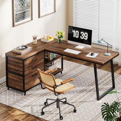 LITTLE TREE Reversible 53-inch L Shaped Desk with 3 Drawer, Farmhouse Corner Desk Gaming Table with Shelves and File Cabinet for Letter Size & Legal Size File for Home Office and Small Space - WoodArtSupply