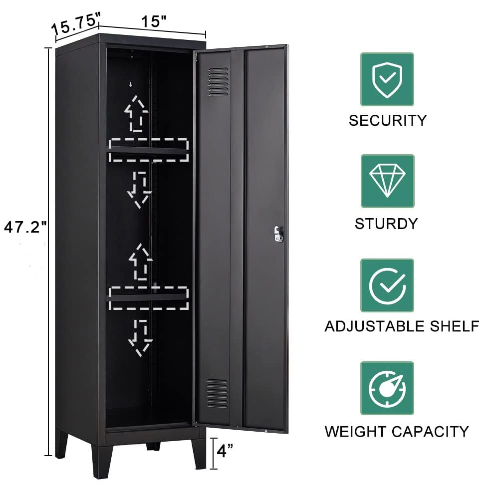 iCHENGGD Metal Cabinet, 47" H Home Office Storage Lockers, Vertical Steel Storage Cabinet with Locking Door and 2 Adjustable Shelves, Small Metal Locker Cabinets (1 Door, Black) iCHENGGD