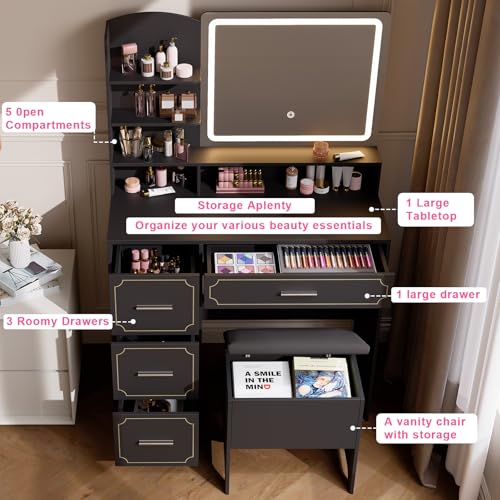 Hogxp Vanity Table with LED Mirror & Power Outlet - 5 Open Shelves, 4 Drawers - Includes Padded Stool - Ideal Bedroom Makeup Dressing Table （Black） Hogxp