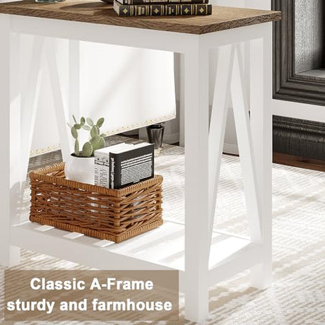 ChooChoo Farmhouse End Table, Rustic Vintage Narrow End Side Table with Storage Shelf for Small Spaces, Nightstand Sofa Table for Living Room, Bedroom White ChooChoo