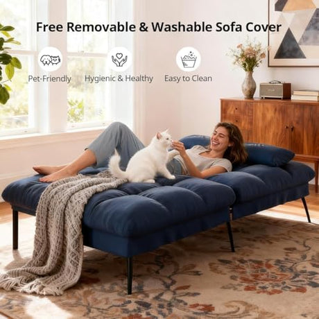 COMHOMA Convertible Sofa Bed,72″Fabric Couch with Adjustable Backrest,Loveseat Recliner Sleeper Living Room Furniture futon Set (Blue) COMHOMA