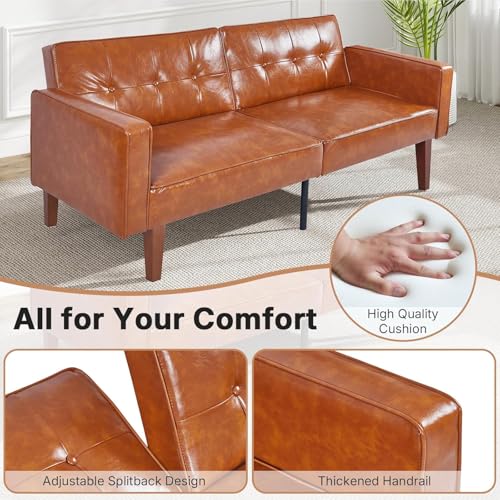 Trygoal Adjustable Backrest Convertable Sofa, Modern PU Leather 2-Seat Futon Sofa, Convertible Faux Leather Sleeper Couch with Armrests, Couch for Living Room Home Office Spaces Trygoal