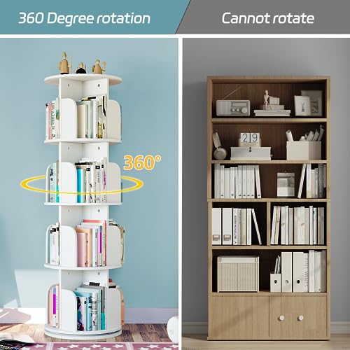 4-Tier Rotating Bookshelf Organizer by EasyCom - Space-Saving Floor Standing Bookcase in White - WoodArtSupply