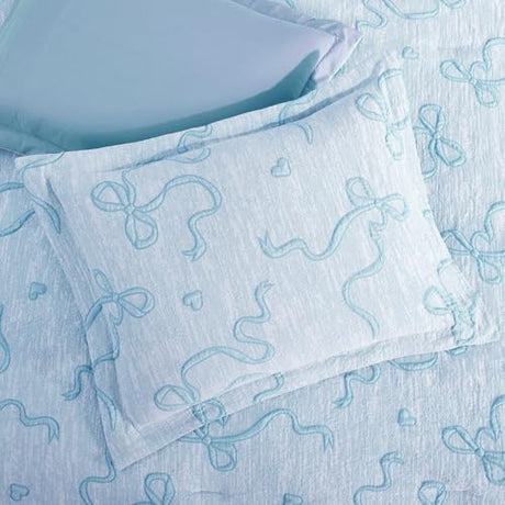Geniospin Light Blue Full Comforter Set for Girls- 7 Pieces Bowknot Jacquard Bed in A Bag Full Bedding Sets with Sheets, Pillowcases & Shams, All Season Kids Comforter Set Geniospin