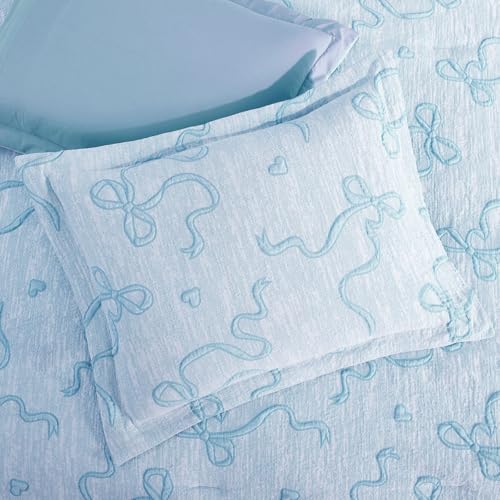 Geniospin Light Blue Queen Comforter Set for Girls- 7 Pieces Bowknot Jacquard Bed in A Bag Queen Bedding Sets with Sheets, Pillowcases & Shams, All Season Kids Comforter Set Geniospin