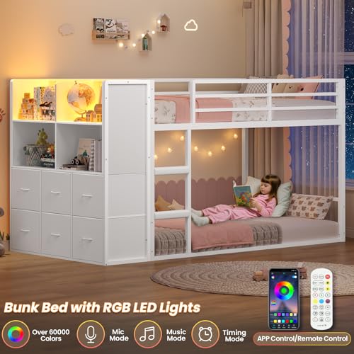BTHFST Bunk Bed Twin Over Twin with 6 Large Fabric Drawers & 4 Wooden Storage Bookshelf Organizer, Metal Low Bunk Bed for Kids with LED Lights & Safety Ladder and Guardrail, Space Saving BTHFST