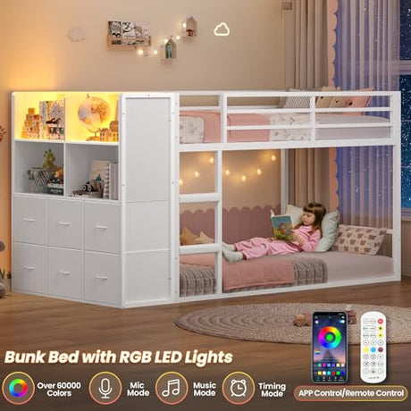 BTHFST Bunk Bed Twin Over Twin with 6 Large Fabric Drawers & 4 Wooden Storage Bookshelf Organizer, Metal Low Bunk Bed for Kids with LED Lights & Safety Ladder and Guardrail, Space Saving BTHFST