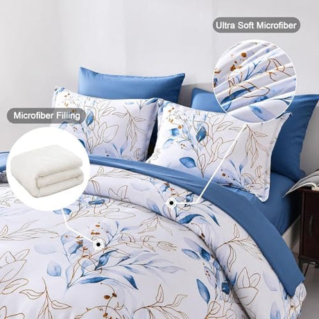 WONGS BEDDING 7 Pieces Blue Floral Bed in a Bag King, Botanical Comforter Set Reversible Blue Gold Leaves Bedding Set King (1 Comforter,2 Pillowcase,2 Pillow Shams,1 Flat Sheet,1 Fitted Sheet) WONGS BEDDING