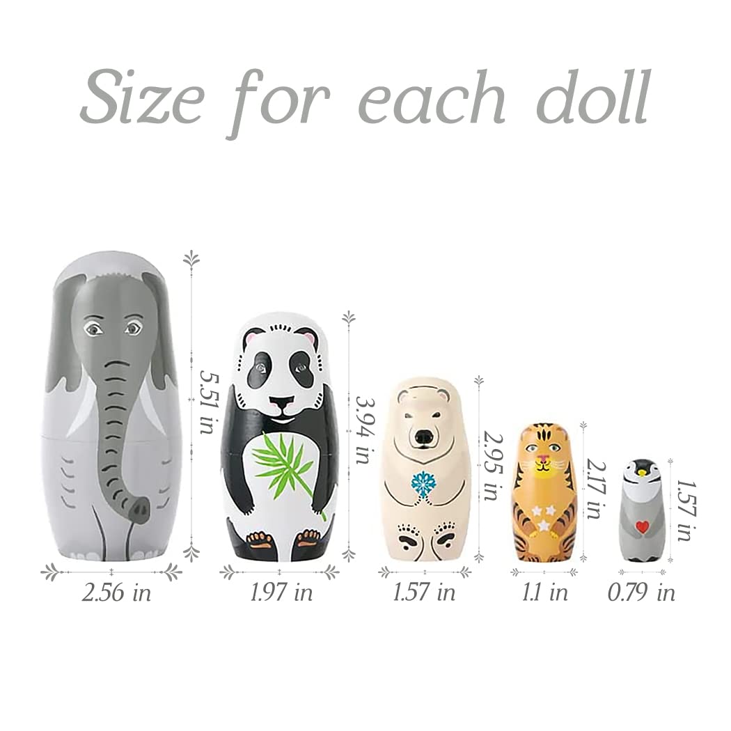 Moonmo 5pcs Handmade Wooden Animal Nesting Dolls - Elephant & Panda, Traditional Russian Matryoshka Gift Moonmo