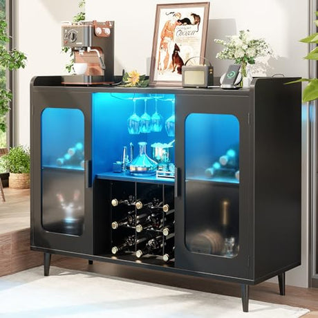 iSunirm Wine Bar Cabinet with Power Outlet, Liquor Cabinet Bar with LED Light and Glass Holder, Home Coffee Bar Cabinet, Buffet Sideboard with Storage Shelf for Kitchen, Dining Room, Black iSunirm