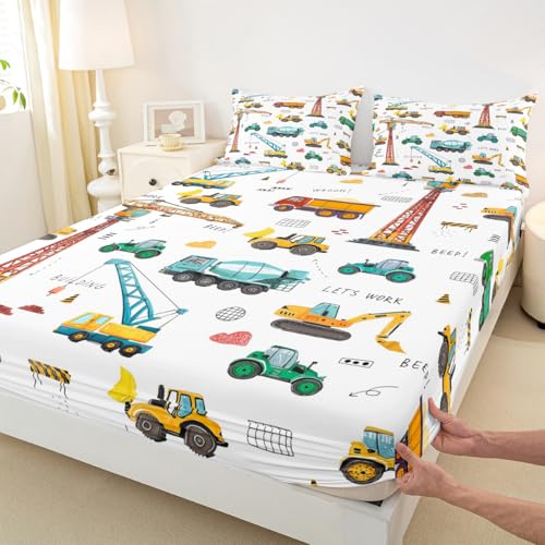 Excavator Bed Sheets King Size, Tractor Machinery Trucks Sheet Set, Kids Boys Construction Vehicle Fitted Sheet, Bulldozer Crane Equipment Truck Bed Sheet set With 2 Pillow Cases, Yellow Green Erosebridal