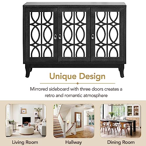 WOODRK Wooden Storage Glass 3 Door Mirrored, Buffet Cabinets Sideboard with Silver Handle, for Living, Hallway, Dining Room, Easy Assembly, Black