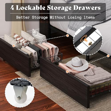 AMERLIFE King Size Bed Frame with 51.2" Tall Bookcase Headboard, Farmhouse Platform Bed with 4 Storage Drawers, Linen Upholstered, Charging Station & Storage, Rustic Black AMERLIFE