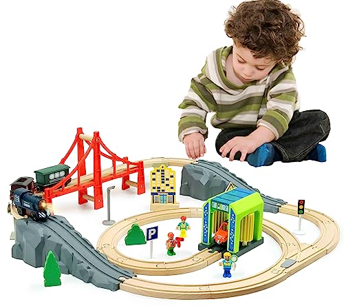 Battery Operated Train for Wooden Track, 3Pcs Train Toy Set for 3 4 5+Years Old Boy Girl Toddlers, Motorized Train Accessories Electric Train Compatible with Thomas & Friends, Brio and Chuggington Z MAYABBO