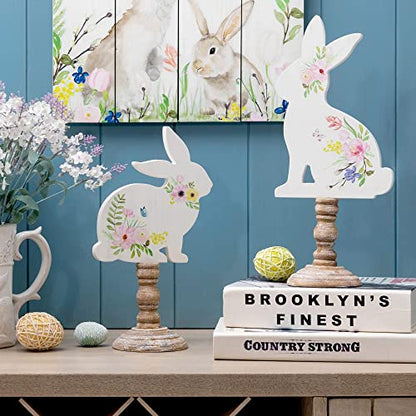 Glitzhome Easter Bunny Decor Set of 2 Wooden Bunny Signs Table Decor Farmhouse Rustic Wood Bunny Blocks Hand Painted Rabbit Statues for Spring Decorations Home Mantel Easter Collectible Ornaments