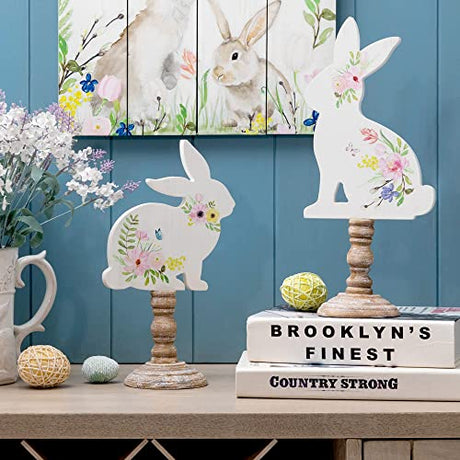 Glitzhome Easter Bunny Decor Set of 2 Wooden Bunny Signs Table Decor Farmhouse Rustic Wood Bunny Blocks Hand Painted Rabbit Statues for Spring Decorations Home Mantel Easter Collectible Ornaments Glitzhome