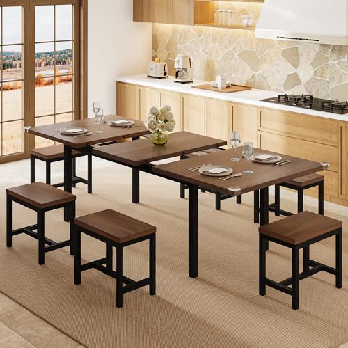 Einhomn 7-Piece Dining Table Set, 63" Extendable Kitchen Room Table with 6 Stools, Mid Century Modern Dinner Table with Metal Frame & MDF Board, Space-Saving, Easy Assembly, Walnut Einhomn