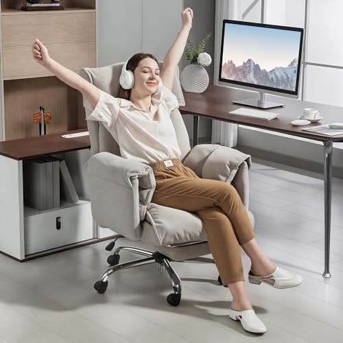 HOMCOM Executive Office Chair Comfy with Foot Rest, Reclining Swivel Computer Desk Chair with High Back, Thick Cushion, Padded Armrest, Adjustable Height, Rolling Wheels, Light Taupe Gray HOMCOM