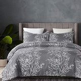 Vaulia Soft Microfiber Duvet Cover King Size, Grey and White Floral Branches Printed Pattern 3-Piece Set (1 Duvet Cover 2 Pillow Shams) Vaulia