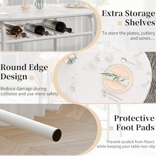 VECELO 3-Piece Dining Table Set for Kitchen Breakfast Nook, Faux Marbled Oval Tabletop and Metal Frame with Built-in Wine Rack, for Small Spaces, White VECELO