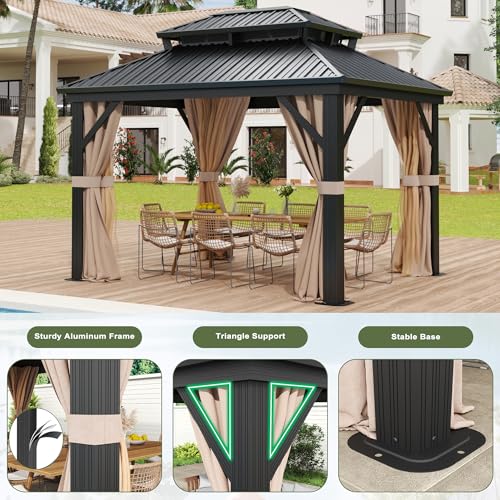 Prime Garden 10'x12' Hardtop Gazebo, Galvanized Steel Double Roof Gazebo with Aluminum Frame, Metal Gazebo w/Privacy Curtains and Nets, Outdoor Gazebo for Patio, Lawn, Backyard Prime Garden
