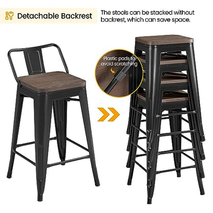 Yaheetech 24'' Metal Bar Stool 4PCS Low Back Conuter Stools for Indoor/Outdoor Barstools Metal Black Stools Bar Chairs w/Wooden Seat Metal Leg