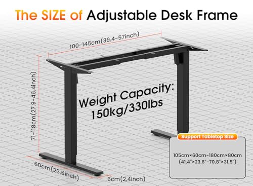 Xyndyx 330 lbs Capacity Dual Motor Electric Standing Desk Frame, Height Adjustable Sit Stand up Desk Legs Base Workstation, Anti-Collision Function, 2 Hooks, Black Frame Only Xyndyx