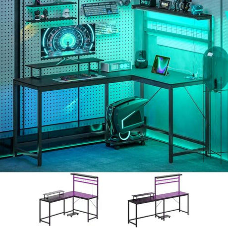 HOMCOM Gaming Desk, 62" L Shaped Desk with Power Outlets & LED Lights, 86" 2 Person Computer Table with Shelf & Rolling CPU Stand, Reversible Corner Office Table with Hutch, Black HOMCOM