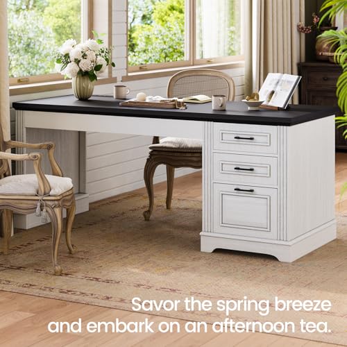 Itaar Farmhouse 55" Executive Desk, Computer Desk with Storage Drawers and Power Outlet, Home Office Desk, Workstation for Office Home, White Itaar