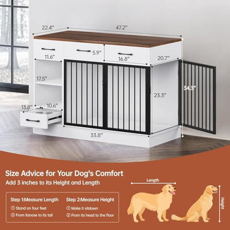 47.2" Dog Crate Furniture with Storage Drawers & Hidden Bowl, Wooden Indoor Kennel with Shelf & 2 Doors, Pet Cage for Small/Medium Dogs LotaTools