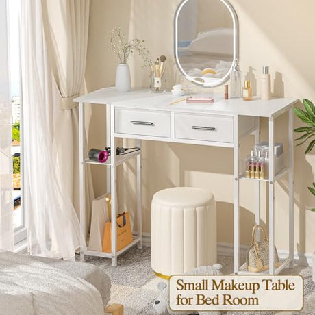 ThreeHio White Vanity Desk No Mirror, Small Makeup Table with Drawers, Girls Vanity Dressing Table with Storage Shlef for Bedroom, 37.3 Inches Compact Vanity for Small Spaces ThreeHio