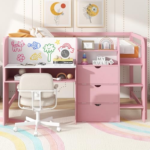SOFTSEA Full Size Low Loft Bed with Desk & Storage, Solid Wood Pink Loft Bed with Drop-Down Cabinets, Open Shelves & Whiteboard for Kids Juniors Boys Girls, Pink SOFTSEA
