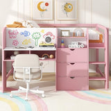 SOFTSEA Full Size Low Loft Bed with Desk & Storage, Solid Wood Pink Loft Bed with Drop-Down Cabinets, Open Shelves & Whiteboard for Kids Juniors Boys Girls, Pink SOFTSEA