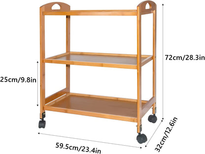 Baoz 3-Tier Bamboo Rolling Cart Kitchen Serving Cart Organizer Storage Rack Utility Mobile Trolley with Lockable Wheels for Home Bar Living Dining Room