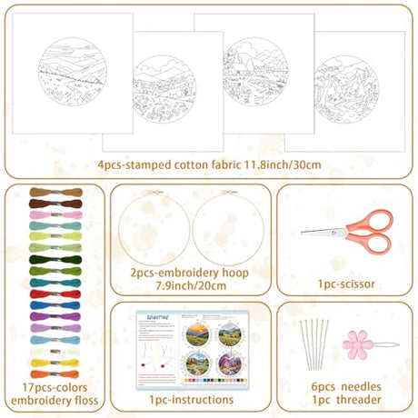 BEUNITONE 4 Pack Beginner Embroidery Kit for Adults, Fairy Tale Nature Landscape Pre-Stamped Pattern Needlepoint Kits with Hoop, Tools & Instruction, Hand Embroidery Kits for Fabric and Home Decor BEUNITONE