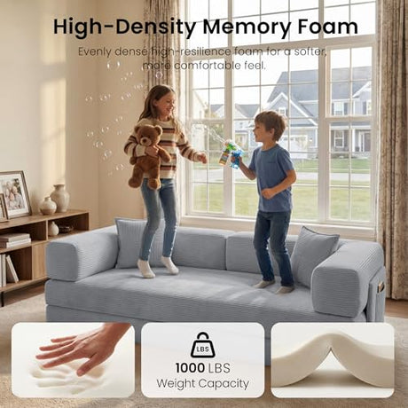 CUBENTE 78.8" Convertible Futon Sofa Bed,Corduroy Futon Couch with Storage Pocket,Folding Pull Out Sofa,No Assembly Boneless Couch for Living Room,Grey CUBENTE