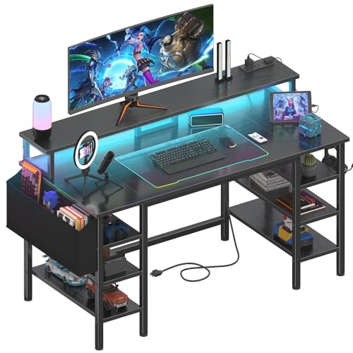 Lufeiya Gaming Desk with LED Lights and Storage Shelves, 47 inch Computer Desk with Power Outlets, Home Office Desk with Monitor Stand, Writing Table PC Desks, Black Lufeiya