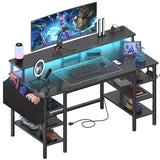 Lufeiya Gaming Desk with LED Lights and Storage Shelves, 47 inch Computer Desk with Power Outlets, Home Office Desk with Monitor Stand, Writing Table PC Desks, Black Lufeiya