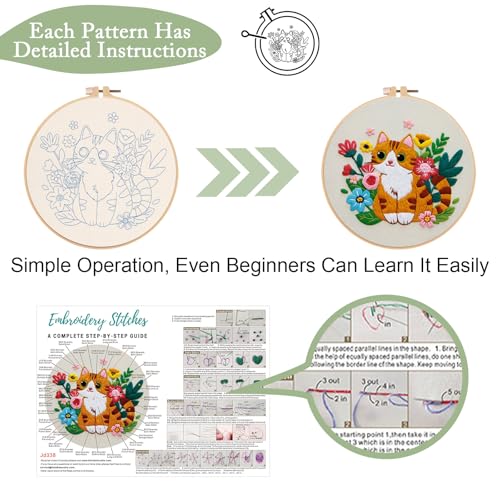 Nuberlic Cat Embroidery Kit for Adults Beginners - 3 Pre-Printed Animal Patterns, Adults Starter Cross Stitch Kit DIY Needlepoint