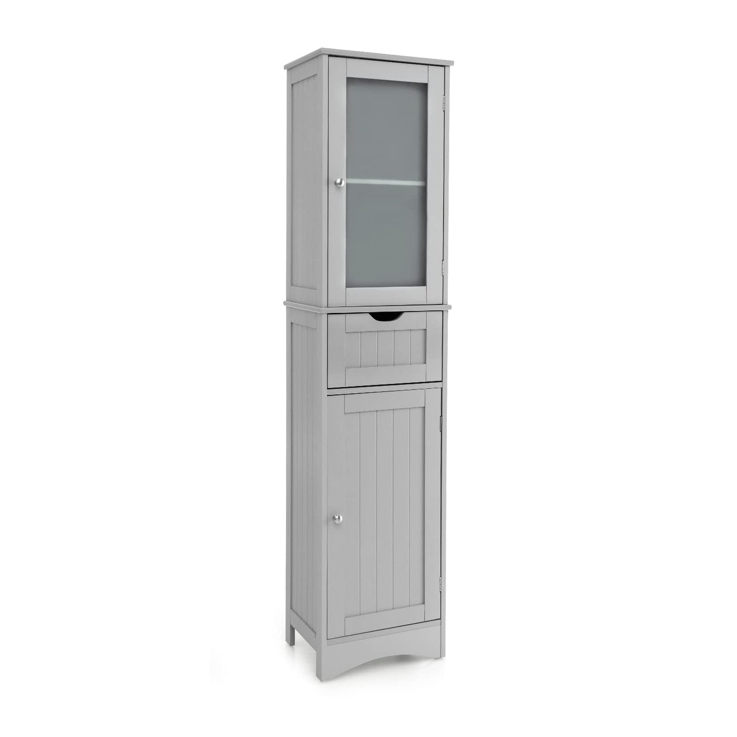 Tangkula 67" Tall Bathroom Storage Cabinet, Slim Freestanding Tower w/ 2 Doors & 1 Drawer, Narrow Floor Cabinet w/Adjustable Shelves & Tempered Glass Door for Bathroom Living Room (Grey) - WoodArtSupply