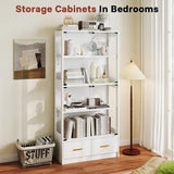 Lamtor Glass Display Cabinet with Doors - Curio Cabinet with Dynamic LED Lights for Collectibles, 67" Display Case with 4 Tier and Drawers for Figure, Toys, Books, White Lamtor