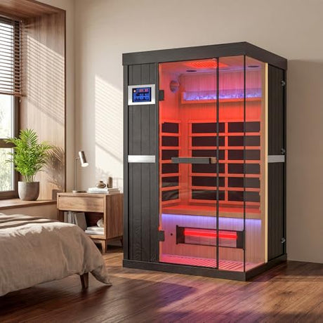 QUYZE 1-2 Person Ultra Low EMF Infrared Sauna, Indoor Wood Sauna with Red Light Therapy & Bluetooth Speakers, Hemlock Home Saun Room/w Control Panel and Tempered Glass Door for Home (Black) QUYZE