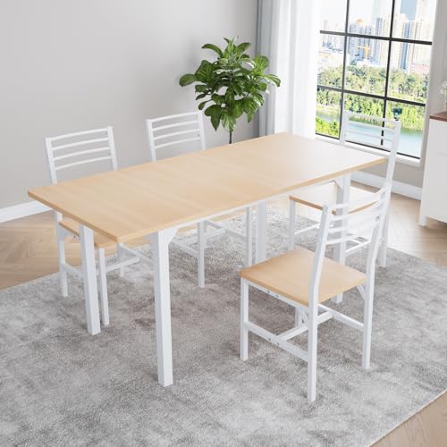 VOWNER 63” Extendable Dining Table Set for 4-6 People, 5-Piece Dining Table Set for 4 People with 4 Chairs, Kitchen Table Set with MDF Board and Metal Frame, for Small Space, Apartment, Nature Wood VOWNER