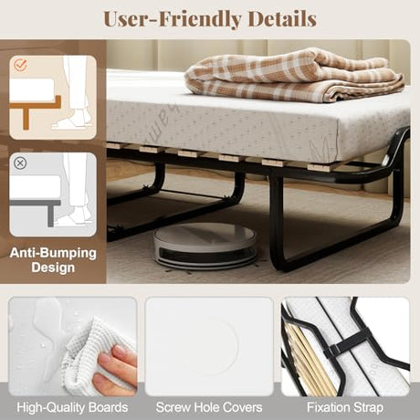 KOMFOTT Murphy Bed Cabinet, Rolling Folding Bed into Cabinet with Mattress & Lockable Wheels, Folding Bed Frame for Small Space, Roll Away Pull Out Murphy Bed for Guest Room Office (White) KOMFOTT