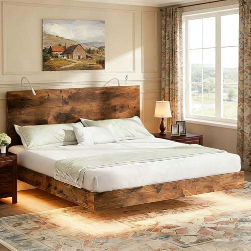 BarnFurin Floating Bed Frame King Size with Led Lights, Wooden Bed Frame with Reading Light Headboard, Heavy Duty Metal Slats, No Box Spring Needed, Easy Assembly, Rustic Brown BarnFurin