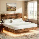 BarnFurin Floating Bed Frame King Size with Led Lights, Wooden Bed Frame with Reading Light Headboard, Heavy Duty Metal Slats, No Box Spring Needed, Easy Assembly, Rustic Brown BarnFurin