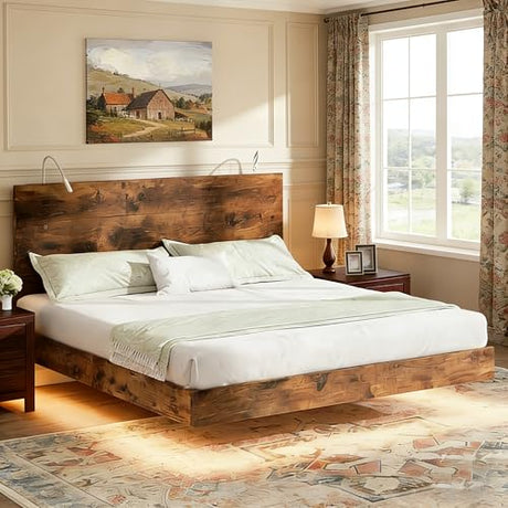 BarnFurin Floating Bed Frame King Size with Led Lights, Wooden Bed Frame with Reading Light Headboard, Heavy Duty Metal Slats, No Box Spring Needed, Easy Assembly, Rustic Brown BarnFurin