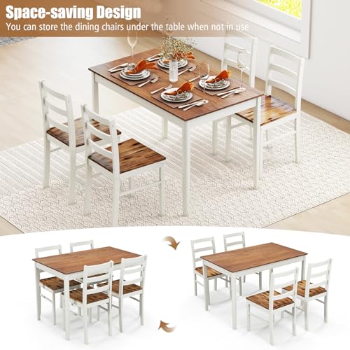 Tangkula 5-Piece Dining Table Set for 4, Solid Wood, Farmhouse Dinette Set w/Rubber Wood Legs, Modern Kitchen Table and Chair Set for Kitchen, Dining - WoodArtSupply